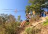 A person ziplining