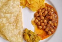plate of halwa puri with achar