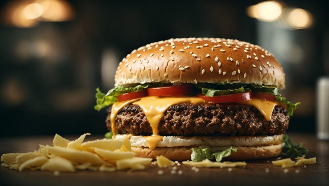 featured-image Gourmet double cheeseburger with sesame bun, melted cheddar, beef patties, lettuce and tomato, served with fries