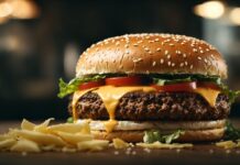 Best Beef Smash Burgers in Karachi for a Juicy Bite Gourmet double cheeseburger with sesame bun, melted cheddar, beef patties, lettuce and tomato, served with fries