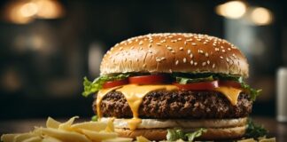 Gourmet double cheeseburger with sesame bun, melted cheddar, beef patties, lettuce and tomato, served with fries