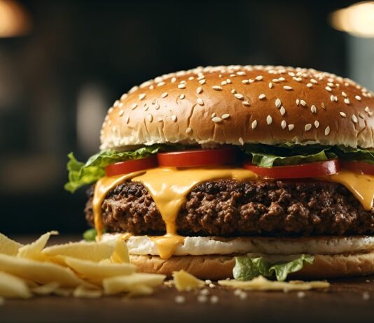 Gourmet double cheeseburger with sesame bun, melted cheddar, beef patties, lettuce and tomato, served with fries