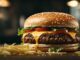 Gourmet double cheeseburger with sesame bun, melted cheddar, beef patties, lettuce and tomato, served with fries